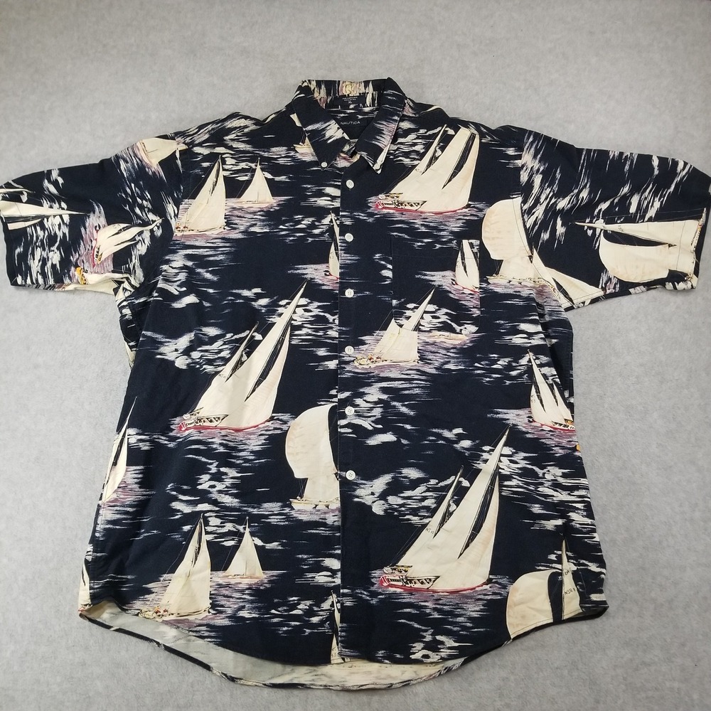 Vintage Nautica Shirt Mens Extra Large Navy Sailboat AOP Button Up Sailing